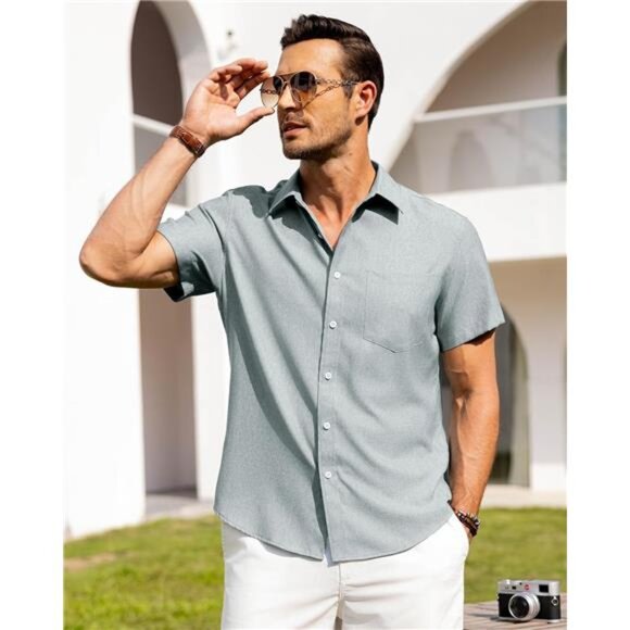 Mens Linen Shirts Button Down Aqua Blue - Picture 2 of 5
